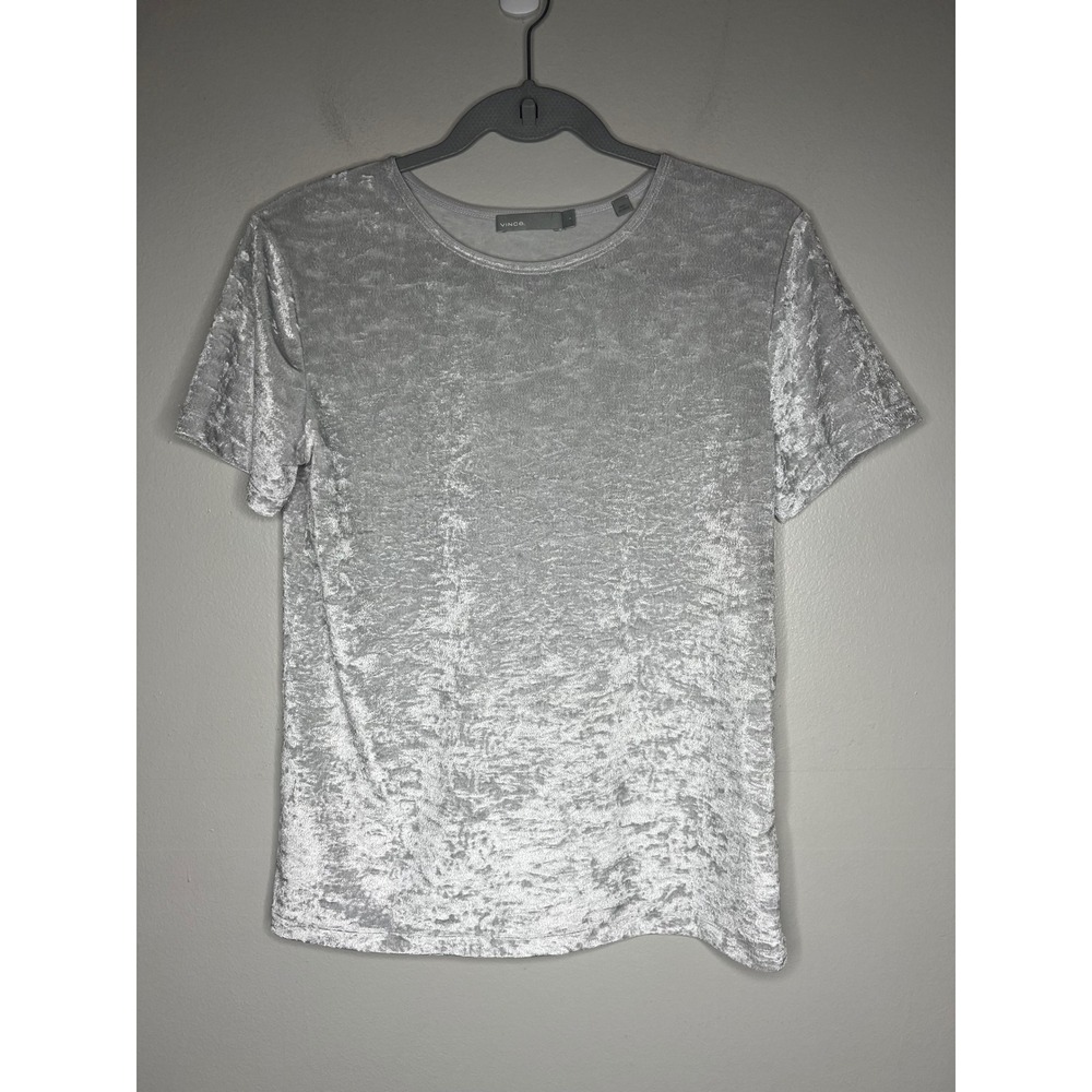 Vince Silver Grey Crushed Velvet Short Sleeve Crew Neck Top Sz S 90s Minimalist